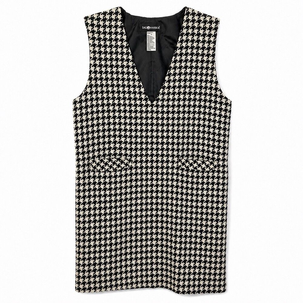 Sag Harbor Dress Women's 12 Black Houndstooth Sleeveless V Neck Shift Tweed